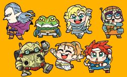 Rule 34 | 3boys, 3girls, :d, aqua eyes, arm cannon, ayla (chrono trigger), bkub, blush, chibi, chrono trigger, closed mouth, crono (chrono trigger), earrings, frog, frog (chrono trigger), green eyes, grey hair, headband, highres, jewelry, looking at viewer, lucca ashtear, magus (chrono trigger), marle (chrono trigger), multiple boys, multiple girls, open mouth, orange background, pointy ears, pointy nose, purple hair, red hair, robo (chrono trigger), robot, simple background, smile, weapon, white headband