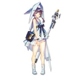 Rule 34 | 1girl, arknights, bag, bare arms, bare legs, bare shoulders, blue bow, blue eyes, blue sash, boots, bow, dress, full body, handbag, hat, long hair, looking at viewer, low twintails, official art, purestream (arknights), purple hair, sash, short dress, sleeveless, sleeveless dress, smile, solo, staff, standing, thighs, transparent background, twintails, white dress, white footwear, yui (niikyouzou)