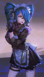 Rule 34 | 1girl, absurdres, apron, aqua hair, back bow, borrowed character, bow, brown gloves, cosmetics, dagger, dnaitari, drill hair, eyelashes, film grain, first-chan (loalo), frilled apron, frills, gem, gloves, hair over one eye, half-closed eyes, highres, holding, holding dagger, holding knife, holding lipstick tube, holding weapon, knife, large bow, lipstick, lipstick tube, long hair, maid, maid headdress, makeup, necktie, original, pointy ears, puffy sleeves, red eyes, red gemstone, red lips, red necktie, siblings, smeared lipstick, solo, twins, twintails, weapon, white bow