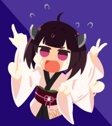Rule 34 | 1girl, afterimage, ahoge, blade, blunt bangs, brown hair, chibi, commentary request, cropped torso, flustered, flying sweatdrops, gesture, headgear, index finger raised, japanese clothes, kimono, long sleeves, looking at viewer, no pupils, no sclera, obi, obijime, open mouth, pink eyes, pointing, purple background, sash, short kimono, short twintails, solo, sweat, touhoku kiritan, twintails, two-tone background, v, v-shaped eyebrows, voiceroid, white kimono, wide sleeves, yuhshi (u4)