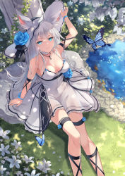 Rule 34 | 1girl, animal ears, arm strap, arm up, bare shoulders, blue eyes, bug, butterfly, choker, closed mouth, day, dress, ears through headwear, fox ears, fuuro (johnsonwade), halterneck, hat, insect, jewelry, long hair, looking at viewer, nature, necklace, original, outdoors, short dress, sitting, sleeveless, sleeveless dress, smile, solo, spaghetti strap, sun hat, sundress, sunlight, thigh strap, tree shade, very long hair, white choker, white dress, white hair, white hat