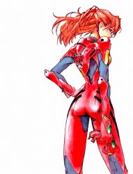Rule 34 | clothes writing, covered mouth, from behind, gloves, hair between eyes, hand on own hip, hip focus, kotatsu-spirit, legs apart, long hair, looking back, neon genesis evangelion, orange hair, parted bangs, plugsuit, red hair, simple background, solo, souryuu asuka langley, standing, two side up, unworn gloves, white background