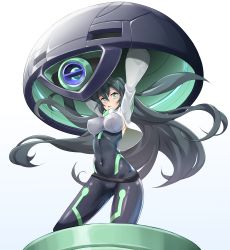 Rule 34 | 1girl, absurdres, black hair, bodysuit, breasts, covered navel, cropped jacket, green eyes, gundam, gundam build divers, gundam build divers re:rise, highres, large breasts, long hair, may (gundam build divers re:rise), qome, sideboob, simple background, solo, very long hair, white background, wodom pod