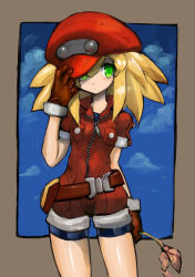 Rule 34 | 1girl, belt, bike shorts, bike shorts under shorts, blonde hair, border, breast pocket, breasts, brown gloves, buttons, cabbie hat, cloud, cowboy shot, dakusuta, female focus, gloves, green eyes, hair between eyes, hat, highres, holding, legs apart, looking at viewer, mega man (series), mega man legends (series), pocket, roll caskett (mega man), short sleeves, shorts, sky, small breasts, solo, standing, wilted flower, withered, zipper, zipper pull tab