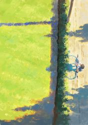 Rule 34 | 1girl, bag, basket, bicycle, bicycle basket, brown hair, day, fjsmu, from above, grass, highres, original, outdoors, scenery, school bag, shadow, shirt, tree shade, utility pole, white shirt