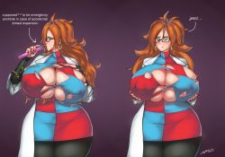 Rule 34 | 1girl, absurdres, android 21, blue eyes, blush, breast expansion, breasts, brown hair, covered erect nipples, curvy, dragon ball, earrings, female focus, glasses, highres, huge breasts, jewelry, la potato, lab coat, long hair, ring, solo, sweat, thick thighs, thighs, torn clothes, wide hips