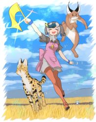 Rule 34 | &gt; &lt;, 2girls, :3, :d, :o, animalization, apron, blouse, blue shirt, blush stickers, brown hair, brown shirt, caracal, caracal (kemono friends), commentary request, day, closed eyes, field, flag, full body, grass, green hair, grey hair, hair over face, hat feather, helmet, highres, jumping, kemono friends, kemono friends 2, kyururu (kemono friends), multiple girls, notora, open mouth, pantyhose, pink apron, pith helmet, red footwear, red legwear, scarf, serval, serval (kemono friends), shirt, short sleeves, skirt, smile, spot-billed duck (kemono friends), stuck, whistle, white scarf, white skirt, wristband