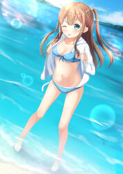 Rule 34 | 1girl, 7fuji 06, ange vierge, bikini, blue eyes, blurry, blush, bokeh, breasts, day, depth of field, full body, highres, hinata miumi, jacket, long hair, looking at viewer, navel, ocean, one eye closed, open clothes, open jacket, outdoors, sky, small breasts, smile, solo, striped bikini, striped clothes, sunlight, swimsuit, tongue, tongue out, two side up, water