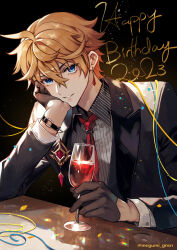Rule 34 | 1boy, ahoge, alcohol, artist name, black background, black gloves, black jacket, blue eyes, collared shirt, commentary request, crossed bangs, cup, dated, drinking glass, earrings, genshin impact, gloves, grey shirt, hair between eyes, half gloves, hand up, happy birthday, head rest, highres, holding, holding cup, jacket, jewelry, lapels, long sleeves, looking at viewer, male focus, megumi gnsn, necktie, open clothes, open jacket, orange hair, parted lips, pinstripe pattern, pinstripe shirt, red necktie, shirt, short hair, simple background, single earring, smile, solo, streamers, striped clothes, striped shirt, table, tartaglia (genshin impact), teeth, twitter username, upper teeth only, vertical-striped clothes, vertical-striped shirt, wine, wine glass, wing collar