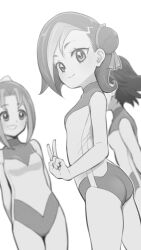Rule 34 | 3girls, :d, ass, breasts, commentary request, commission, from side, greyscale, hair bun, hair ribbon, highres, looking at another, looking at viewer, medium hair, mizuki kotori (yu-gi-oh!), monochrome, multicolored hair, multiple girls, one-piece swimsuit, open mouth, ribbon, sachi (yu-gi-oh!), school swimsuit, sei (yu-gi-oh!), simple background, single hair bun, skeb commission, sleeveless, small breasts, smile, standing, swimsuit, thighs, two-tone hair, ukokkei, upper body, v, white background, wide hips, yu-gi-oh!, yu-gi-oh! zexal