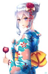 Rule 34 | 10s, 1girl, alternate costume, bad id, bad pixiv id, blue eyes, breasts, candy apple, commentary request, floral print, flower, food, hair flower, hair ornament, holding, holding food, japanese clothes, kantai collection, kashima (kancolle), kimono, large breasts, looking at viewer, looking to the side, obi, sash, silver hair, simple background, solo, twintails, uki, wavy hair, white background, yukata
