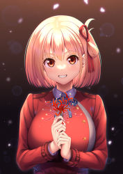 Rule 34 | 1girl, blonde hair, blue ribbon, bob cut, breasts, flower, grin, hair ribbon, hands up, highres, holding, holding flower, large breasts, lens flare, light particles, lycoris recoil, lycoris uniform, neck ribbon, nishikigi chisato, one side up, own hands together, red eyes, red flower, red ribbon, ribbon, short hair, smile, solo, spider lily, upper body, wing collar, yuunagi (0217)