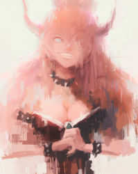 Rule 34 | 1girl, alex chow, armlet, bare shoulders, black dress, blue eyes, bowsette, bracelet, breasts, collar, crown, dress, female focus, green background, horns, jewelry, large breasts, mario (series), new super mario bros. u deluxe, nintendo, pink hair, sharp teeth, simple background, solo, spiked bracelet, spiked collar, spikes, strapless, strapless dress, super crown, teeth, upper body