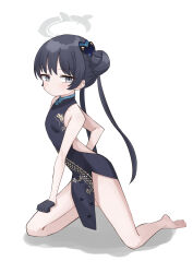 Rule 34 | 1girl, absurdres, black dress, black gloves, black hair, blue archive, butterfly hair ornament, china dress, chinese clothes, dress, gloves, grey eyes, hair bun, hair ornament, halo, highres, kisaki (blue archive), kneeling, looking at viewer, pepsi2330, side slit, solo, twintails