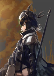 Rule 34 | 1girl, antenna hair, arknights, bannouyakunta, beret, black gloves, black hat, brown hair, closed mouth, coat, elbow gloves, gloves, hair between eyes, hat, highres, holding, holding polearm, holding spear, holding weapon, long sleeves, looking to the side, plume (arknights), polearm, short hair, smile, solo, spear, weapon, yellow eyes