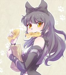 Rule 34 | 1girl, bag, bare shoulders, black hair, blake belladonna, bow, detached sleeves, fang, food, food in mouth, from side, hair bow, iesupa, long hair, looking at viewer, mouth hold, paper bag, paw print, rwby, smile, solo, taiyaki, upper body, wagashi, yellow eyes