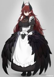 Rule 34 | 1girl, absurdres, ahoge, apron, black dress, black gloves, black wings, breasts, cleavage cutout, closed mouth, clothing cutout, commentary request, demon horns, dress, earrings, feathered wings, frilled apron, frills, full body, gloves, hair between eyes, highres, horns, isabella (marse), jewelry, juliet sleeves, large breasts, long hair, long sleeves, looking at viewer, low wings, maid, maid apron, marse (rokudaime), mole, mole under mouth, original, pointy ears, puffy sleeves, red eyes, signature, simple background, solo, standing, very long hair, wings, wrist cuffs, yellow eyes