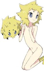 Rule 34 | 1other, blonde hair, clenched hands, closed mouth, collarbone, commentary request, creature and personification, creatures (company), game freak, gen 5 pokemon, grey eyes, hands up, joltik, looking back, medium hair, nakamura sandayo, navel, nintendo, nude, personification, pokemon, simple background, smile, socks, white background, yellow legwear