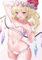 Rule 34 | 1girl, :d, absurdres, arm up, blonde hair, blush, breasts, crystal, fang, flandre scarlet, hand up, hat, hat ribbon, highres, looking at viewer, medium hair, mob cap, nail polish, navel, one side up, open mouth, panties, pointy ears, red eyes, red nails, red ribbon, ribbon, skin fang, small breasts, smile, solo, thighhighs, touhou, underwear, white background, white panties, white thighhighs, wings, y na1211