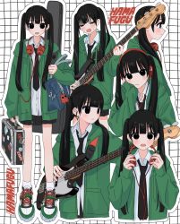 Rule 34 | 1girl, artist name, bag, bass guitar, black hair, black necktie, black skirt, blue bag, blush, briefcase, charm (object), closed mouth, ear piercing, earrings, green footwear, green jacket, grid background, guitar, hamafugu, head rest, headphones, headphones around neck, highres, holding, holding briefcase, holding headphones, hood, hood down, instrument, instrument case, jacket, jewelry, long hair, multiple views, music, necktie, open clothes, open jacket, open mouth, original, outline, piercing, playing instrument, profile, shoes, skirt, sleeves past wrists, sneakers, sticker, sweat, tearing up, twintails, white outline, zipper, zipper pull tab