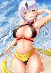 Rule 34 | 1girl, :d, absurdres, armpits, bare shoulders, beach, bikini, black bikini, black hair, blue sky, blush, breasts, cleavage, criss-cross halter, day, fate/grand order, fate (series), hair between eyes, halterneck, hand up, highres, holding, holding staff, large breasts, long hair, looking at viewer, multicolored hair, nagao kagetora (fate), navel, nuts (hazel-nuts), ocean, open mouth, outdoors, sand, sarong, silver hair, sky, smile, solo, staff, streaked hair, swimsuit, thighs, two-tone hair, very long hair, wet, yellow eyes