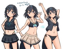 Rule 34 | 1girl, adapted costume, arm behind head, arms up, bare arms, bare shoulders, beige skirt, bikini, black bikini, black eyes, black hair, black shirt, black skirt, blush, breasts, collarbone, cowboy shot, crop top, frilled skirt, frills, groin, hair between eyes, hand on own hip, hand up, head wings, highleg, highres, kemono friends, looking at viewer, medium breasts, midriff, multiple views, navel, no pants, open clothes, open shirt, pleated skirt, sailor collar, shiraha maru, shirt, short hair, short sleeves, side-tie bikini bottom, simple background, sketch, skirt, sleeveless, sleeveless shirt, smile, split mouth, superb bird-of-paradise (kemono friends), swimsuit, tail, translated, waving, white background, wings