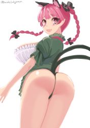 Rule 34 | 1girl, :d, animal ears, ass, bow, braid, breasts, cat ears, cat tail, dress, from behind, green dress, hair bow, hamaburicchi, kaenbyou rin, large breasts, looking back, multiple tails, nekomata, open mouth, red eyes, red hair, smile, solo, tail, touhou, twin braids, two tails