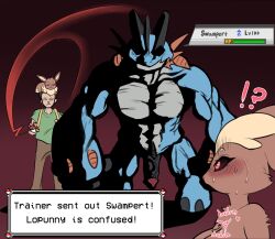 Rule 34 | !?, 1girl, 2boys, absurdres, animal focus, arms at sides, black sclera, blue skin, blush, body fur, brown fur, byme (bymetalala), character name, clenched hands, closed mouth, collarbone, colored sclera, colored skin, completely nude, creatures (company), eevee, english text, erection, faceless, faceless male, furry, furry female, furry male, game freak, gen 1 pokemon, gen 3 pokemon, gen 4 pokemon, gradient background, health bar, heart, high contrast, highres, looking at another, lopunny, mars symbol, mega pokemon, mega swampert, multicolored skin, multiple boys, muscular, muscular male, nintendo, nude, on head, pectorals, penis, pokemon, pokemon (creature), pokemon on head, rabbit ears, rabbit girl, red background, red eyes, straight-on, swampert, sweat, two-tone fur, two-tone skin, uncensored, veins, veiny penis, yellow fur