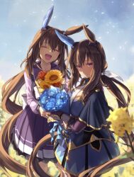 Rule 34 | 2girls, admire vega&#039;s twin sister (umamusume), admire vega (umamusume), animal ears, blue flower, blue skirt, blue sky, blush, bouquet, bow, breasts, brown hair, closed eyes, ear covers, flower, hair between eyes, highres, horse ears, horse girl, horse tail, long hair, long sleeves, looking at viewer, low ponytail, medium breasts, multiple girls, open mouth, ponytail, purple eyes, purple shirt, red flower, rose, sailor collar, school uniform, shirt, siblings, single ear cover, skirt, sky, smile, starheart, sunflower, tail, tracen school uniform, umamusume, yellow flower