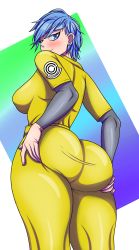 Rule 34 | 1girl, absurdres, ass, blue background, blue eyes, blue hair, blush, bodysuit, breasts, bulma, capsule corp, dragon ball, dragon ball super, dragon ball super super hero, earrings, from behind, gradient background, green background, hands on own ass, highres, huge ass, jewelry, jumpsuit, large breasts, looking at viewer, looking back, mature female, nova senpai, short hair, smile, thick thighs, thighs, white background, wide hips, yellow bodysuit