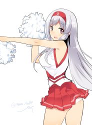 Rule 34 | 10s, 1girl, :d, breasts, brown eyes, cheerleader, hairband, kantai collection, long hair, looking at viewer, nanasuke, open mouth, pleated skirt, pom pom (cheerleading), shoukaku (kancolle), silver hair, simple background, skirt, smile, solo, twitter username, white background