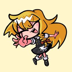 Rule 34 | 1girl, apron, black footwear, black skirt, black vest, blonde hair, blush, bow, braid, closed eyes, commentary, cookie (touhou), full body, hair between eyes, hair bow, highres, kirisame marisa, long hair, mary janes, medium bangs, open mouth, puffy short sleeves, puffy sleeves, reaching, reaching towards viewer, red bow, shirt, shoes, short sleeves, simple background, single braid, skirt, skirt set, smile, socks, solo, star (symbol), suzu (cookie), symbol-only commentary, sznkrs, touhou, turtleneck, v-shaped eyebrows, vest, waist apron, white apron, white shirt, white socks, yellow background