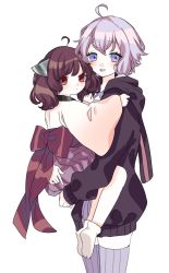 Rule 34 | 2girls, absurdres, ahoge, baby carry, back bow, bad id, bad twitter id, bow, brown eyes, brown hair, carrying, character request, dress, highres, korosanaider, multiple girls, purple eyes, purple hair, red bow, simple background, skirt, socks, sweater, sweater dress, vocaloid, white background, white legwear, wide sleeves, yuzuki yukari