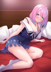 Rule 34 | 1girl, ahoge, arm support, bare shoulders, bed sheet, blue dress, blush, bracelet, breasts, candy hair ornament, cleavage, crescent, crescent necklace, crown, dress, eyebrows hidden by hair, food-themed hair ornament, gradient hair, green eyes, hair ornament, hairclip, heterochromia, highres, himemori luna, himemori luna (sundress), hololive, indoors, jewelry, looking at viewer, lying, mini crown, multicolored hair, necklace, on bed, on side, pillow, pink hair, purple eyes, purple hair, red sheet, shirayuiii, solo, starry sky print, sweat, virtual youtuber