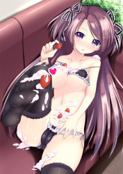 Rule 34 | 1girl, bad id, bad pixiv id, between toes, black bra, black panties, black thighhighs, blush, bow, bow panties, bra, bra lift, breasts, cameltoe, couch, cream, feet, food, fruit, hair ribbon, heart, holding, holding food, holding fruit, leg up, long hair, looking at viewer, medium breasts, navel, no shoes, original, panties, purple eyes, purple hair, ribbon, side-tie panties, skirt, solo, strawberry, thighhighs, underboob, underwear, underwear only, yaki mayu