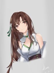Rule 34 | 1girl, arms behind back, artist name, braid, breasts, brown eyes, brown hair, chinese commentary, cleavage, dated, dated commentary, dress, flower, girls&#039; frontline, girls&#039; frontline neural cloud, green ribbon, hair flower, hair ornament, hair ribbon, highres, himos, id card, long hair, looking at viewer, medium breasts, official alternate costume, open mouth, parted lips, ribbon, simple background, smile, solo, type 64 (girls&#039; frontline), upper body, white dress