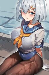 Rule 34 | 1girl, arm support, black one-piece swimsuit, black pantyhose, blue eyes, blue sailor collar, blush, breasts, closed mouth, covered navel, grey hair, greyscale, hair ornament, hair over one eye, hairclip, hamakaze (kancolle), highres, kantai collection, large breasts, monochrome, neckerchief, one-piece swimsuit, pantyhose, pantyhose under swimsuit, pool, sailor collar, school swimsuit, school uniform, serafuku, short hair, simplecar, solo, swimsuit, swimsuit under clothes, yellow neckerchief