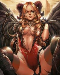 Rule 34 | 1girl, armor, arms behind back, black wings, blue eyes, boots, breasts, breasts apart, brown hair, brown thighhighs, building, center opening, clothing cutout, cloud, crotch, dantewontdie, demon girl, demon horns, demon tail, drill hair, eyelashes, feathered wings, gauntlets, gloves, glowing, glowing eyes, greaves, groin, highleg, highleg leotard, holding, horns, large breasts, leotard, long hair, looking at viewer, navel, one eye closed, orange hair, original, outdoors, parted lips, pauldrons, sheep horns, shoulder armor, side cutout, sitting, skin tight, skindentation, sky, smile, solo, spread legs, tail, thigh boots, thighhighs, very long hair, weapon, whip, wide hips, wings, wink