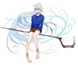 Rule 34 | 1girl, :d, anklet, arms behind back, bad id, bad pixiv id, bare legs, barefoot, blue eyes, cutoffs, drawstring, feet, floating hair, full body, gender request, genderswap, highres, holding, holding weapon, hood, hoodie, jack frost (rise of the guardians), jewelry, legs, long hair, long sleeves, looking at viewer, open mouth, rise of the guardians, short shorts, shorts, sitting, smile, solo, staff, very long hair, weapon, white background, white hair