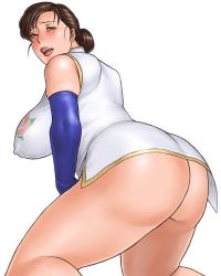 Rule 34 | 1girl, ass, blush, breasts, brown hair, covered erect nipples, curvy, elbow gloves, female focus, gloves, huge breasts, large breasts, legs, looking back, mature female, short hair, simple background, solo, takasugi kou, thighs, white background