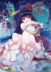Rule 34 | 3girls, barefoot, black hair, blindfold, braid, captured, cave, dungeon and fighter, earrings, falling petals, feet, female priest (dungeon and fighter), flower, from below, goblin, goblin male, hair bun, hair flower, hair ornament, jewelry, kaltoma, long hair, long sleeves, male priest (dungeon and fighter), multiple girls, multiple persona, necklace, needle, nun, petals, restrained, shaman (dungeon and fighter), soles, thighs