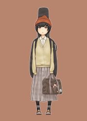 Rule 34 | 1girl, absurdres, bag, beanie, black hair, black socks, blush, bob cut, brown background, brown eyes, brown footwear, brown hat, brown skirt, collared shirt, full body, hat, highres, holding, holding bag, instrument on back, long sleeves, miyoshi yoshimi, original, outline, parted lips, plaid, plaid skirt, shirt, shoes, short hair, simple background, skirt, socks, solo, standing, sweater, white outline, white shirt, yellow sweater