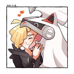 Rule 34 | 1boy, affectionate, ahoge, black shirt, blonde hair, blush, border, closed eyes, closed mouth, commentary request, creatures (company), daifuku (pokefuka art), dated, game freak, gen 7 pokemon, gladion (pokemon), grey vest, hair over one eye, hand up, heart, hood, hooded vest, hoodie, legendary pokemon, licking, licking another&#039;s face, male focus, nintendo, pokemon, pokemon (creature), pokemon sm, shirt, short hair, silvally, smile, tassel, torn clothes, torn shirt, vest, white border