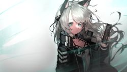 Rule 34 | 1girl, animal ears, aqua eyes, arknights, black coat, black ribbon, book, breasts, bright pupils, cat ears, cleavage, closed mouth, coat, collar, collarbone, dress, eyebrows hidden by hair, gradient background, grey background, hair ribbon, highres, infection monitor (arknights), long hair, long sleeves, looking at viewer, mint (arknights), open book, open clothes, open coat, ribbon, ribiadan, silver hair, small breasts, solo, swept bangs, upper body, white dress