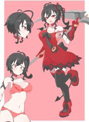 Rule 34 | 1girl, :d, absurdres, ahoge, ankle boots, bikini, black hair, black thighhighs, boots, border, bra, breasts, choker, cleavage, contrapposto, dress, gloves, highres, holding, holding scythe, inukaze yamu, large breasts, middle finger, navel, one side up, open mouth, original, pink background, red bikini, red bra, red choker, red eyes, red footwear, red gloves, scythe, short dress, simple background, smile, sweatdrop, swimsuit, thighhighs, underwear, white border