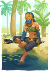 Rule 34 | 1boy, arm support, ayumi (830890), bare shoulders, barefoot, blonde hair, blue eyes, bridal gauntlets, circlet, crossdressing, desert, detached sleeves, feet, gerudo set (zelda), highres, link, looking down, male focus, mouth veil, navel, nintendo, official alternate costume, palm tree, plant, sheikah slate, shoes, unworn shoes, sitting, soaking feet, solo, stomach, strap, the legend of zelda, the legend of zelda: breath of the wild, toes, trap, tree, veil, water