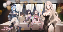 Rule 34 | 4girls, ahoge, alcohol, animal ears, aqua eyes, asymmetrical footwear, asymmetrical legwear, balloon, bell, beret, black bow, black dress, black footwear, black hair, black hat, black thighhighs, blue eyes, blue hair, blue hat, bow, breasts, brown hair, byocho, champagne, champagne flute, cityscape, closed mouth, covered navel, cross-laced clothes, cross-laced dress, crossed legs, cup, cupcake, curtains, demon tail, doughnut, dress, drinking glass, fishnet thighhighs, fishnets, food, footwear bow, glass table, grey hair, hair bow, hair ornament, hat, high-waist skirt, highres, holding, holding cup, large breasts, lee rein, long hair, mismatched legwear, moon momo, multicolored hair, multiple girls, nail polish, nana ring, off-shoulder shirt, off shoulder, pink bow, pink eyes, pink footwear, pink thighhighs, pleated skirt, purple bow, purple eyes, purple hair, shirt, side slit, single fishnet legwear, skirt, smile, streaked hair, table, tail, thighhighs, twintails, two-tone dress, two-tone hat, virtual youtuber, vlyz, white bow, white dress, white hair, window, yun eze