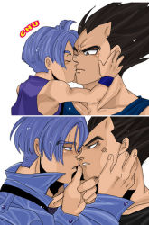 Rule 34 | 2boys, age difference, black hair, blue eyes, comic, dragon ball, father and son, incest, kiss, male focus, multiple boys, pixiv sample, purple hair, resized, trunks (dragon ball), upper body, vegeta, white background, yaoi