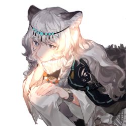 Rule 34 | 1girl, animal ear fluff, animal ears, arknights, bead necklace, beads, black cloak, braid, circlet, cloak, closed mouth, expressionless, grey eyes, hand on own cheek, hand on own face, head rest, iris yi, jewelry, leopard ears, light rays, long hair, necklace, pramanix (arknights), ribbed sweater, silver hair, simple background, solo, sweater, turtleneck, turtleneck sweater, twin braids, watch, white background, white sweater