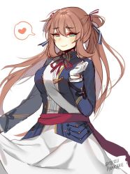 Rule 34 | 1girl, bad id, bad twitter id, blue jacket, blush, brown hair, closed mouth, commentary request, dress, girls&#039; frontline, gloves, green eyes, hair between eyes, heart, jacket, long hair, long sleeves, looking at viewer, neck ribbon, open clothes, open jacket, red ribbon, ribbon, sash, simple background, sketch, smile, solo, spoken heart, springfield (girls&#039; frontline), terupancake, twitter username, white background, white dress, white gloves